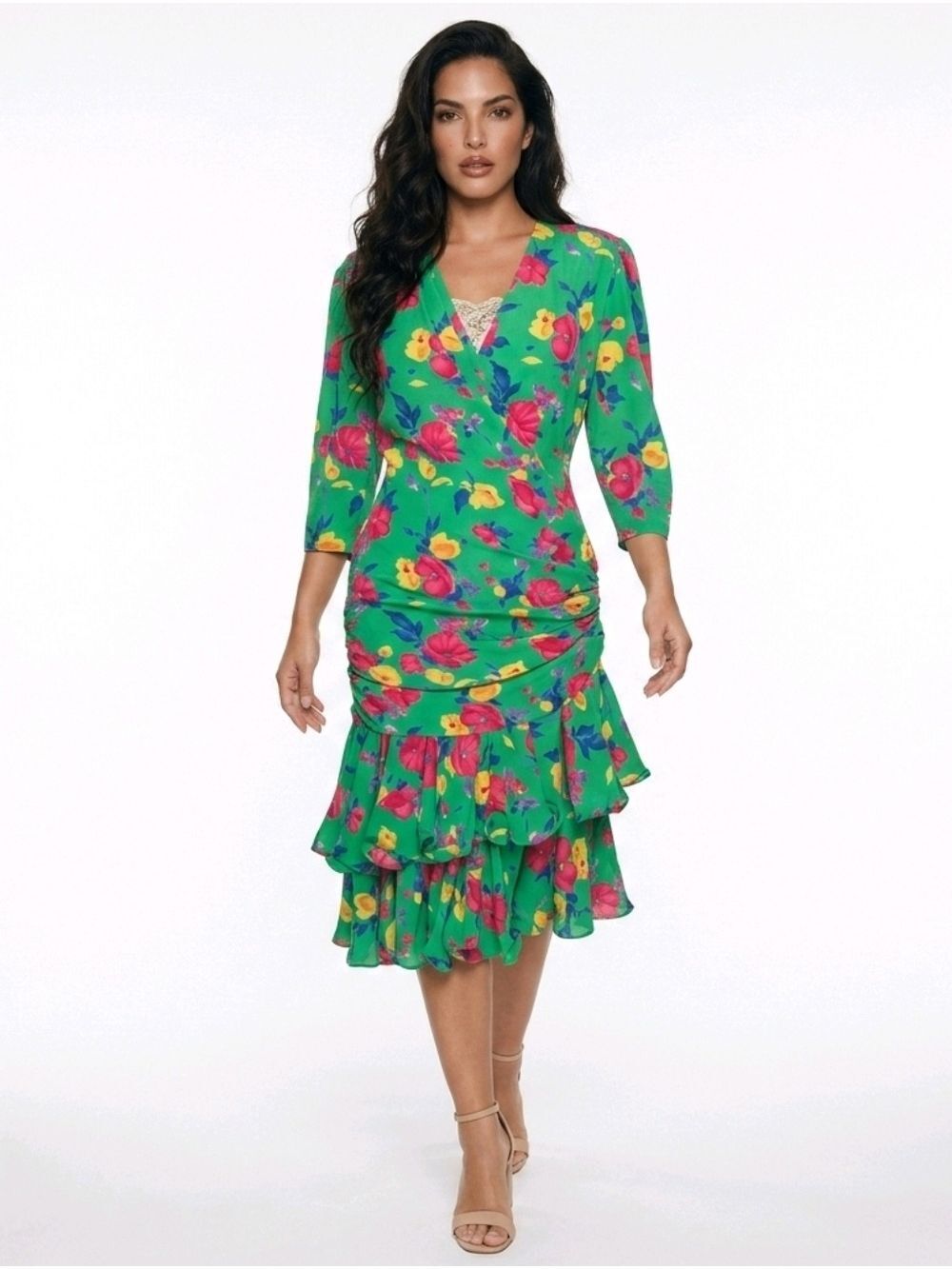 Vintage Frank Usher  Floral Wrap Ruffle Dress